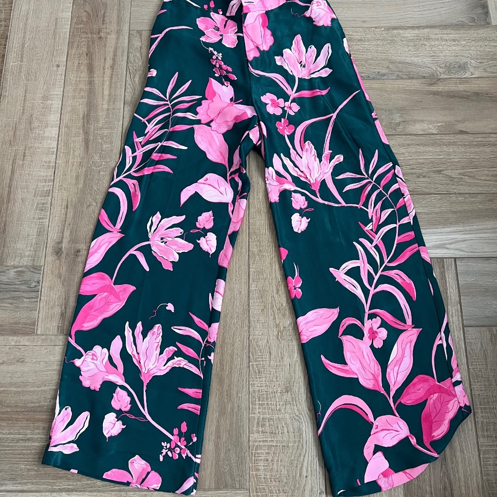 Anthropologie Green and Silk Wide leg pant